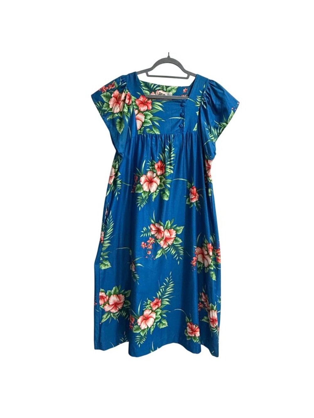 Hilo Hattie Vintage Hawaiian Muumuu Dress Blue Hibiscus Floral Size L Cotton